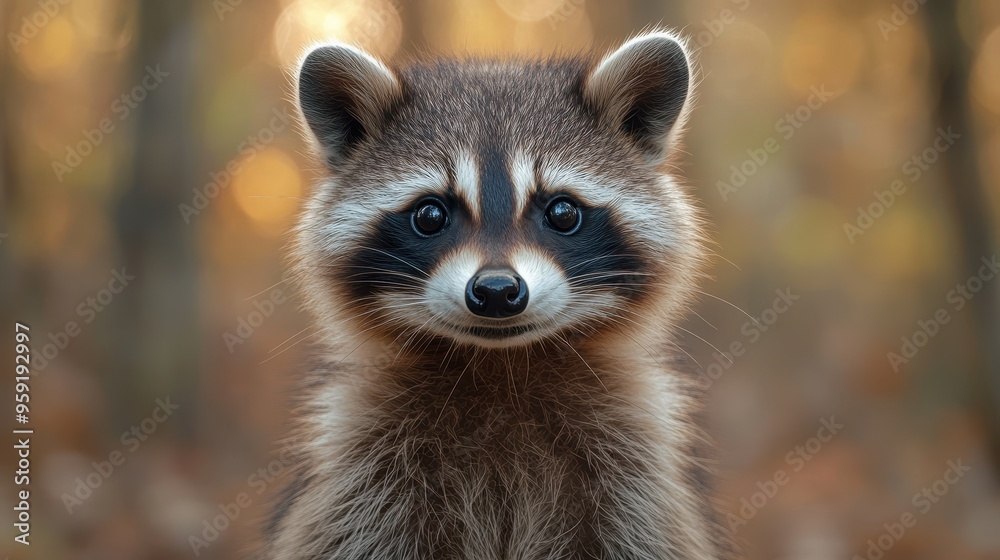 Close-Up of a Cute Raccoon in a Forest with Autumn Colors in the Background Close-Up of a Cute Raccoon in a Forest with Autumn Colors in the Background