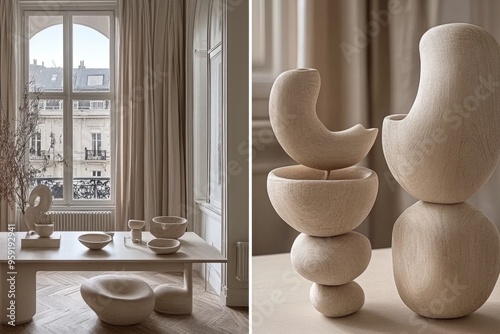 Minimalist interior design featuring sculptural wooden art in elegant parisian apartment