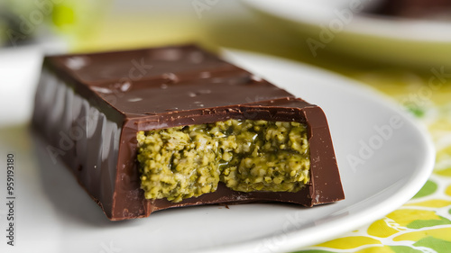 Close up of a dark Dubai chocolate bar with a bite taken from it against a blurred background, the chocolate bar is stuffed with a thick layer of pistachio filling that seeps out the sides. photo