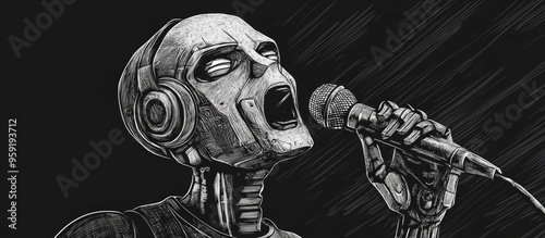 Robot vocalist with microphone in a sketch engraving style T shirt apparel print design featuring scratchboard imitation Black and white hand drawn illustration photo