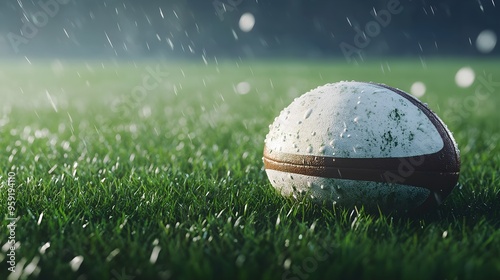 Close-up view of rugby ball on grassy pitch field illustration