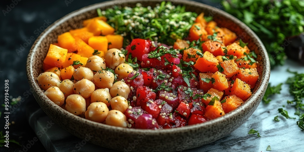Close-up of a Bowl Filled with a Colorful Salad of Chickpeas, Roasted Sweet Potatoes, Tomatoes, and Quinoa Close-up of a Bowl Filled with a Colorful Salad of Chickpeas, Roasted Sweet Potatoes, Tomatoes, and Quinoa