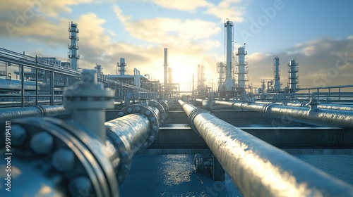 Oil and gas processing facility featuring pipeline valves steel infrastructure and a clear blue sky in an industrial setting Valves used in the oil pipeline sector