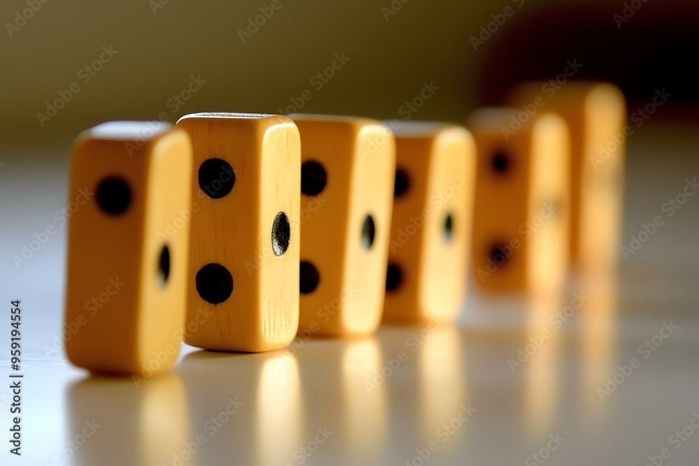 Row of Wooden Dice with Black Dots on a White Surface Row of Wooden Dice with Black Dots on a White Surface