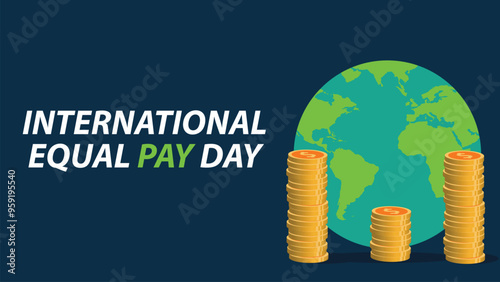 International Equal Pay Day vector banner design with geometric shapes and vibrant colors on a horizontal background.