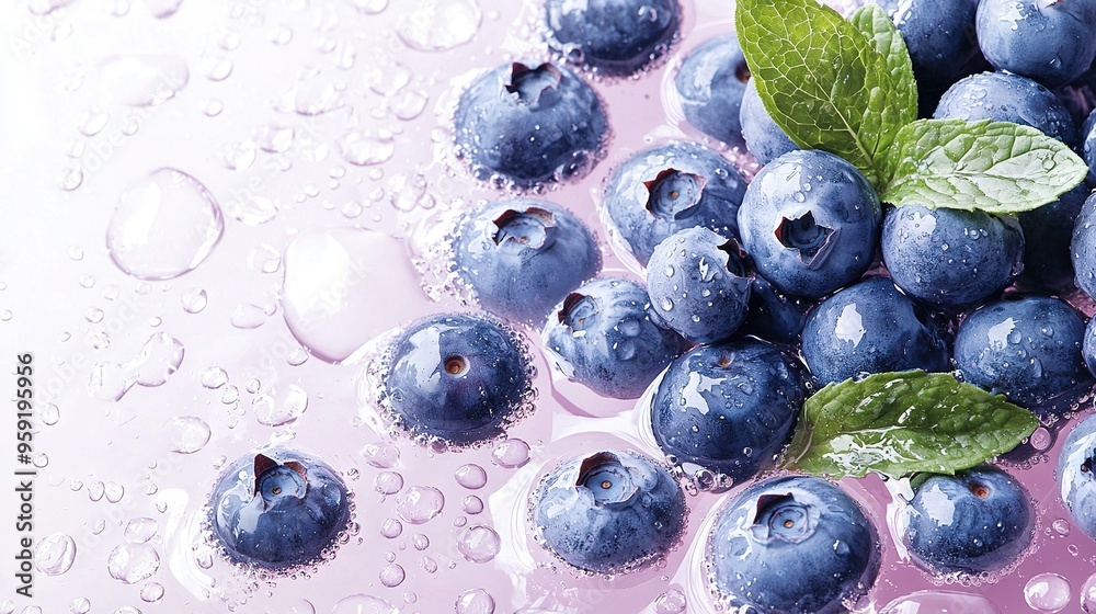 A collection of blueberries rests atop a table adjacent to a glass of water and a verdant leaf A collection of blueberries rests atop a table adjacent to a glass of water and a verdant leaf