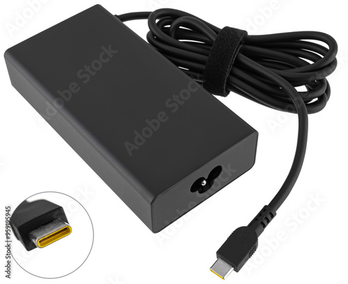 Power adapter for laptop, on white background in insulation photo