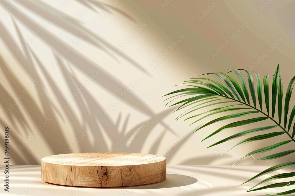Obraz premium Minimalist Wooden Platform with Palm Leaf and Sunbeams