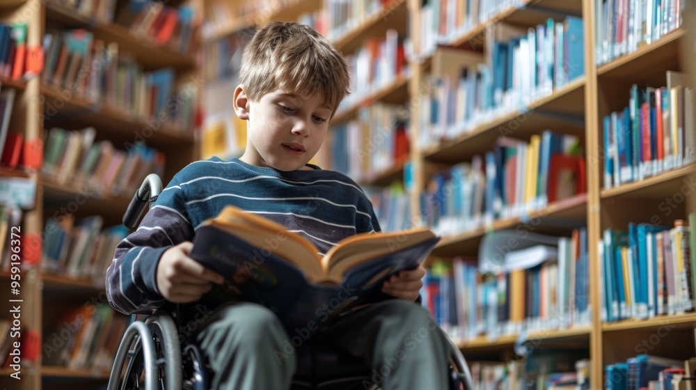 boy in a wheelchair studying in a library boy in a wheelchair studying in a library