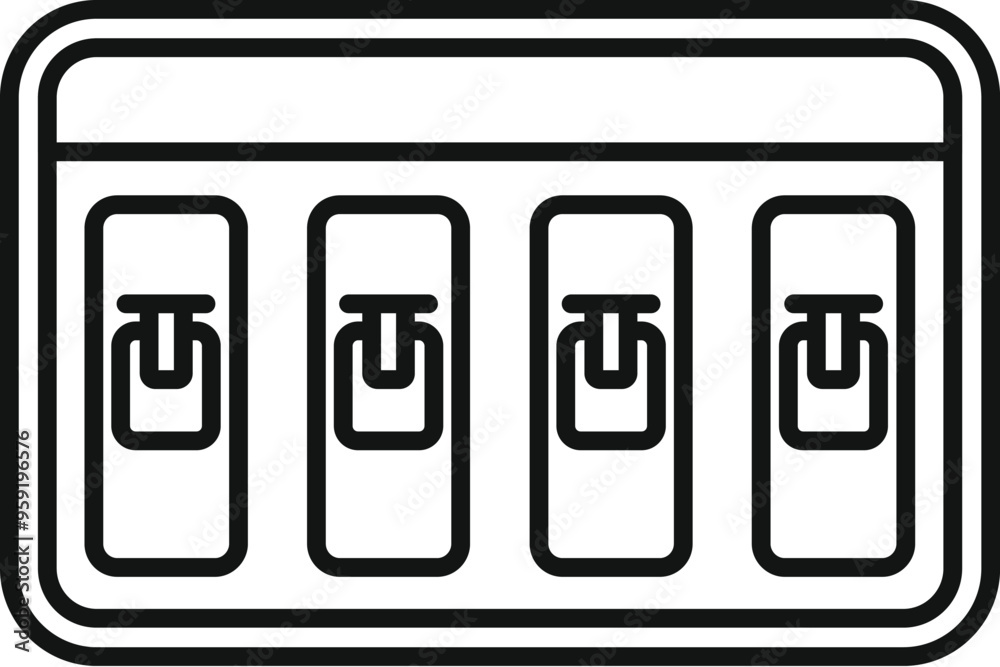Simple black and white icon of a control panel with four toggle switches showing the on position Simple black and white icon of a control panel with four toggle switches showing the on position