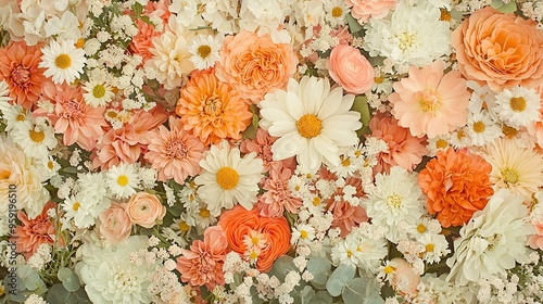   A macro image of an array of colorful blossoms arranged in the foreground, while the lower portion is partially concealed photo