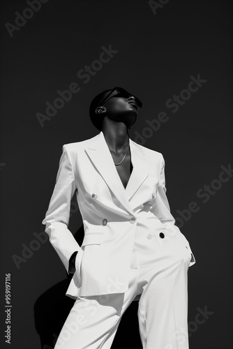 A woman in a white suit stands in front of a black background photo