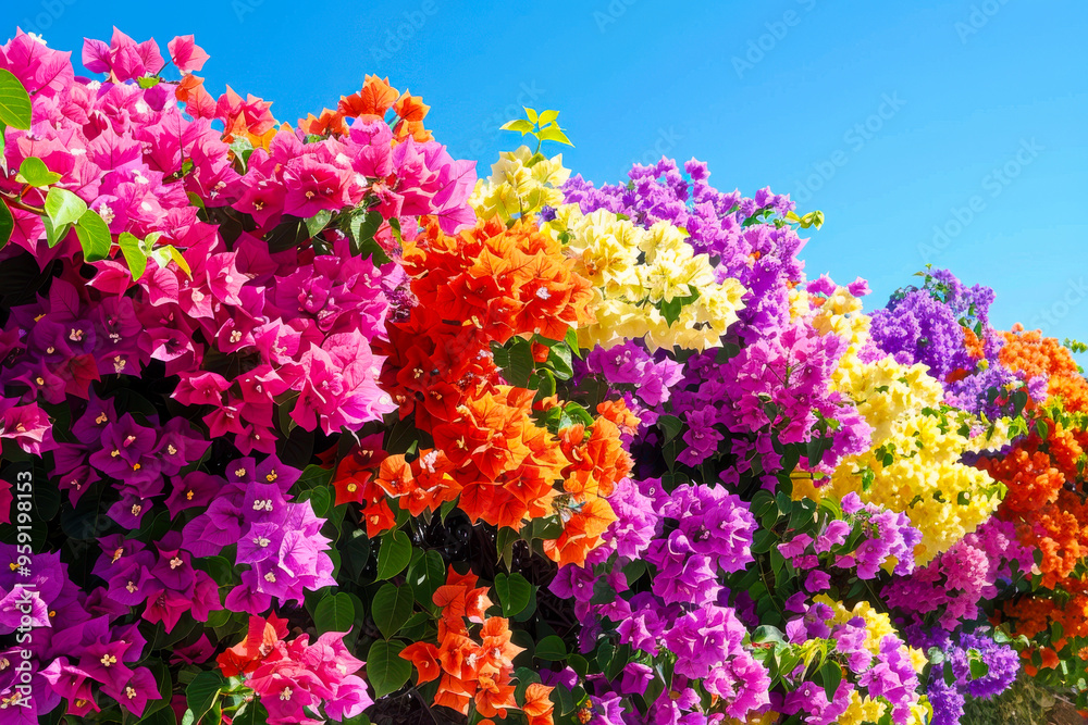 Obraz premium A vibrant display of bougainvillea flowers in full bloom, featuring bright pink, purple, orange, and yellow hues. sprawling blooms create vivid, natural scene ideal for nature or floral-themed designs