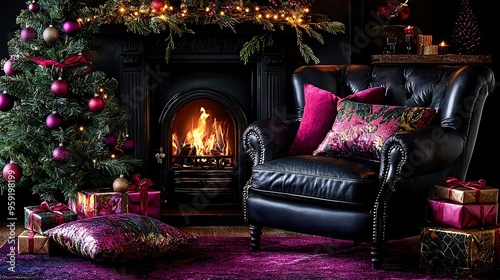   A living room beautifully adorned for Christmas, featuring a majestic tree in the corner and thoughtfully arranged gifts strewn about the floor photo