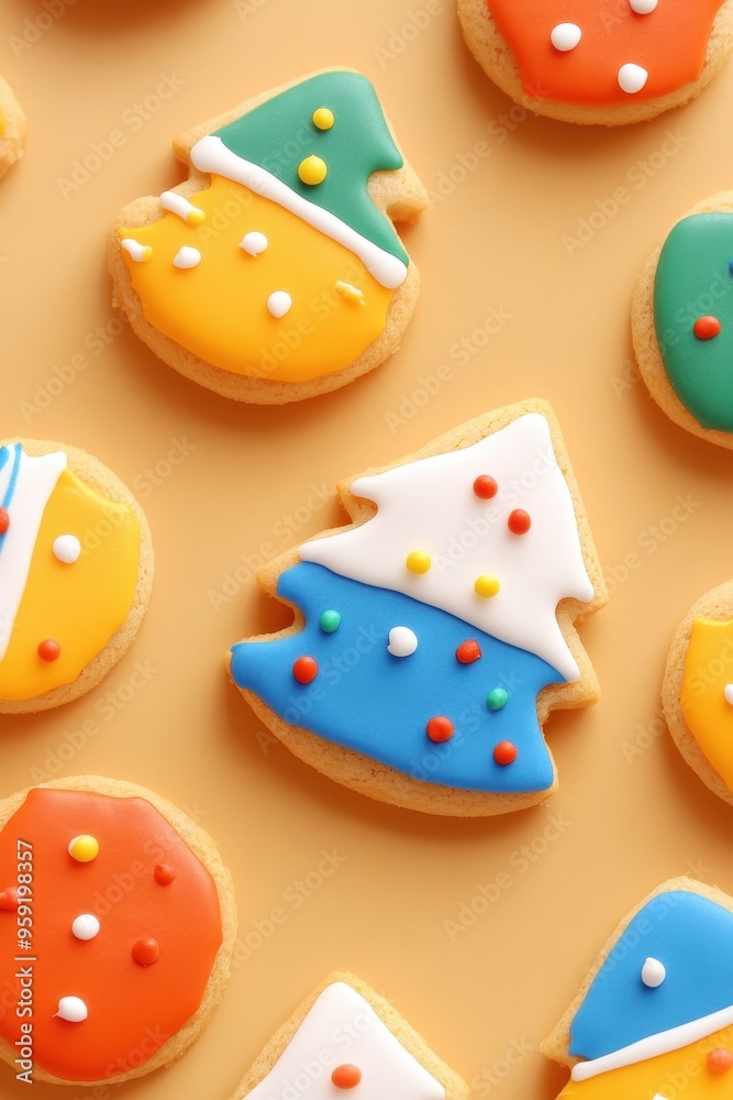 Colorful iced holiday cookies on yellow background Colorful iced holiday cookies on yellow background