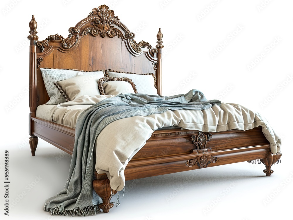 © Infinity - A wooden bed with a carved headboard and footboard, with a white duvet, pillows, and a blue throw blanket. © Infinity - A wooden bed with a carved headboard and footboard, with a white duvet, pillows, and a blue throw blanket.