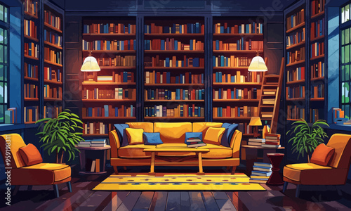 A flat vector of a library interior with bookshelves.
