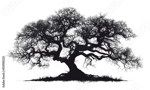 A linear vector of a detailed tree with branches.