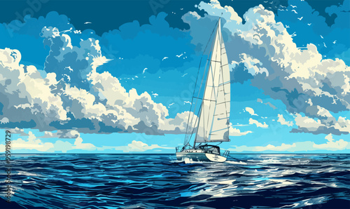 A linear vector of a sailboat on the sea.