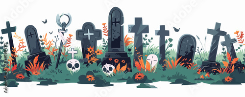 Graveyard with multiple tombstones on a white background. Vector flat isolated.