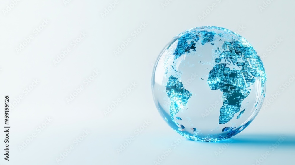 a blue glass globe with an abstract digital world map and technology elements on a white background for a global business concept design with copy space a blue glass globe with an abstract digital world map and technology elements on a white background for a global business concept design with copy space