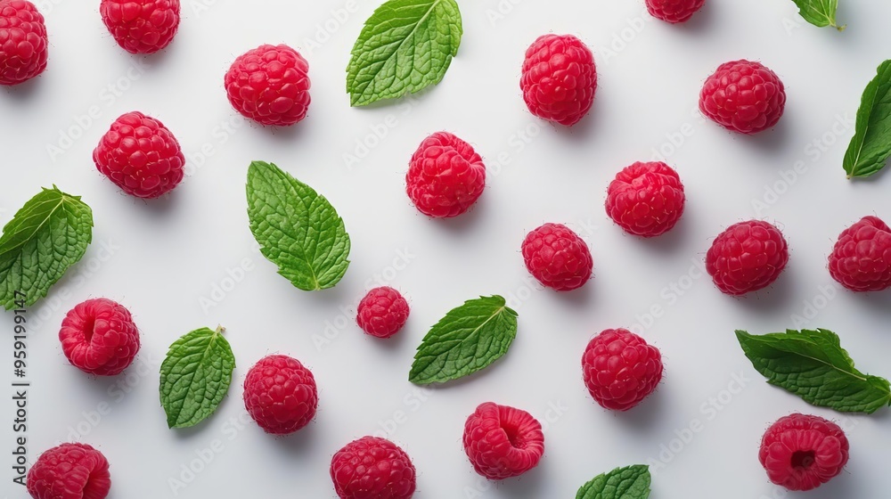 A visually appealing arrangement of raspberries and mint leaves on a white background. A visually appealing arrangement of raspberries and mint leaves on a white background.