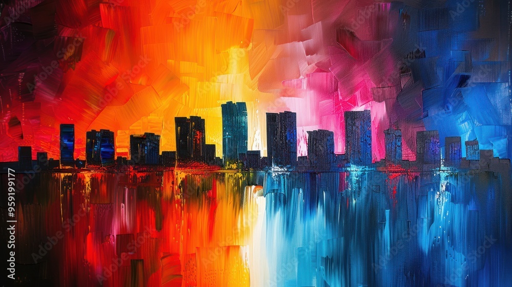 Fototapeta premium An artistic sketch of a city by the water with watercolor details and vibrant patterns. Ideal for a travel themed art gallery.