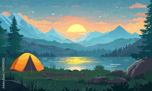 A flat vector of a camping scene.