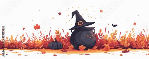 Cauldron with a witch's hat nearby on a white background. Vector flat isolated.
