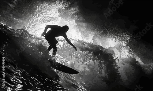 Silhouette of a person surfing.