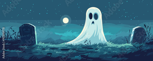 Ghost peeking out from behind a tombstone. Vector flat isolated.