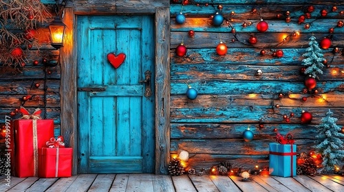   A festive Christmas setting with gift-wrapped presents beneath a majestic tree, adorned with red and green ornaments The blue door bears a heart-shaped wreath,