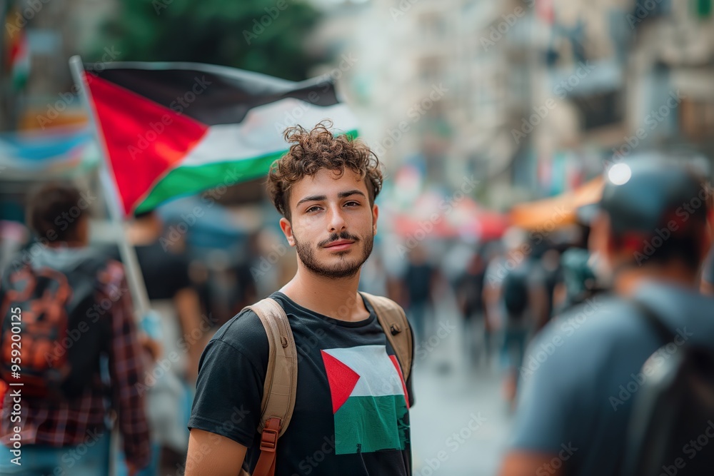 A young man stands confidently amidst a crowd, displaying his patriotic palestinian spirit while holding a flag in a vibrant urban setting. A young man stands confidently amidst a crowd, displaying his patriotic palestinian spirit while holding a flag in a vibrant urban setting.