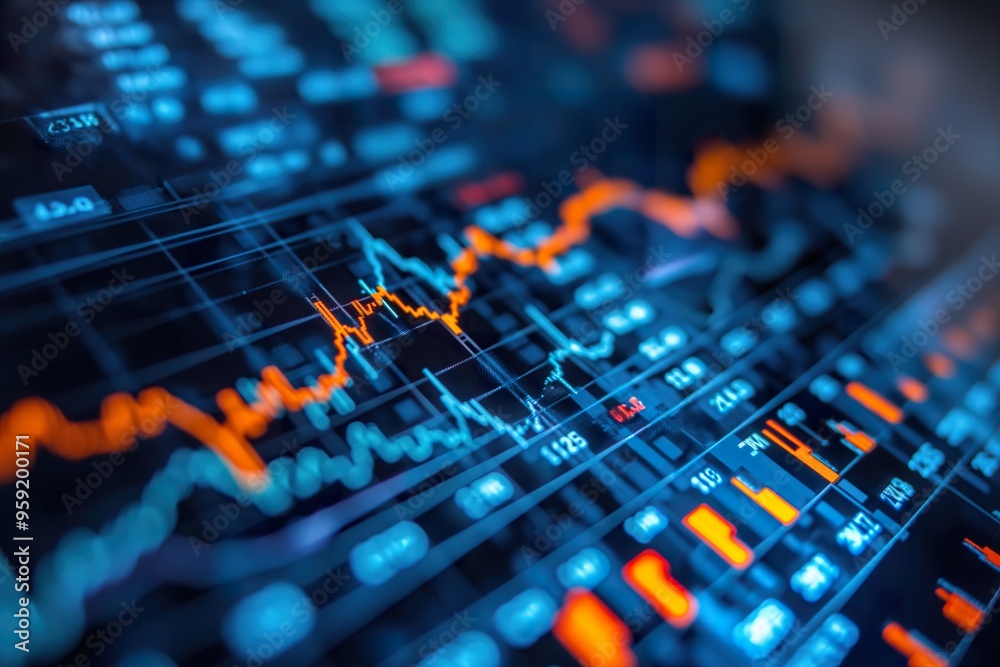 An analyst uses neural tools to visualize and interpret complex financial data trends at night in a modern workspace. An analyst uses neural tools to visualize and interpret complex financial data trends at night in a modern workspace.