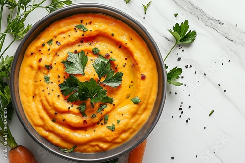 Creamy carrot puree garnished with fresh parsley on a marble countertop photo