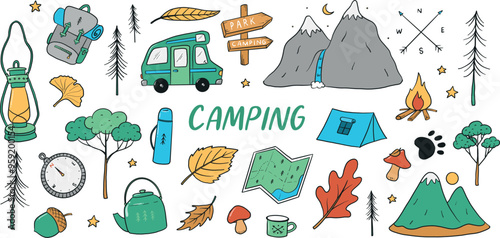 Camping elements, doodles, clipart isolated on white background for stickers, prints, cards, planners, decor, etc. EPS 10