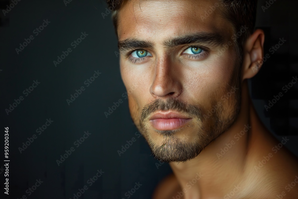 Fototapeta premium A young muscular male model poses confidently against a dark backdrop, showcasing his striking features and intense gaze
