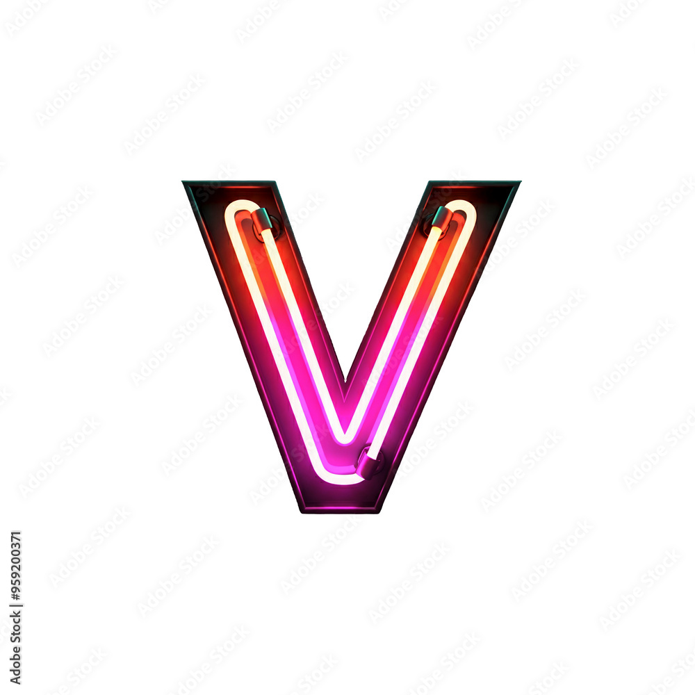 Bright neon letter V illuminated in pink and orange hues. Transparent background