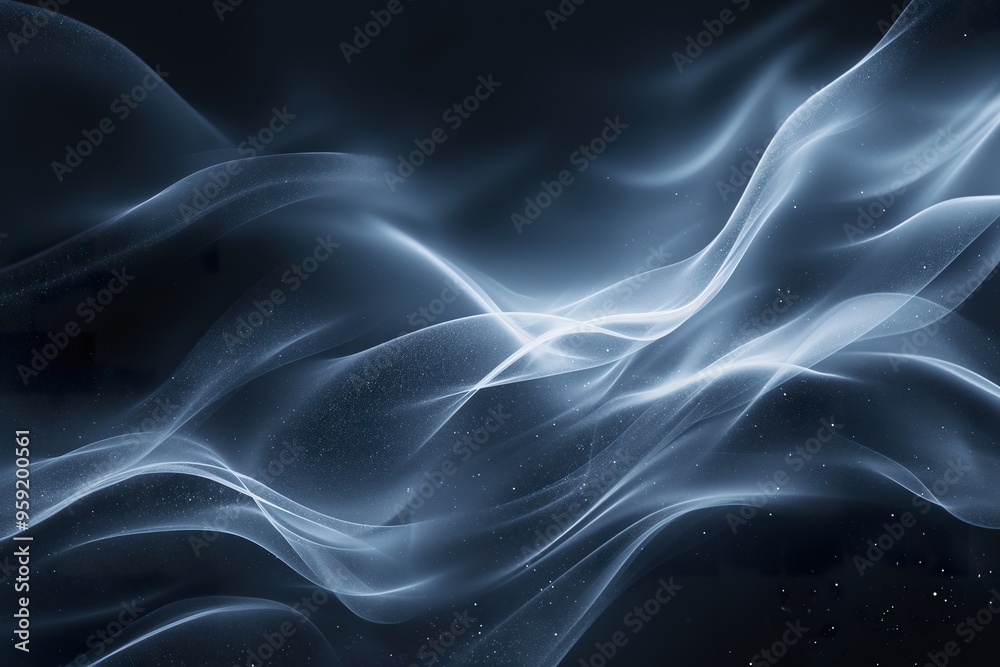 Glowing blue and gray silky waves flow through a textured black and white backdrop creating an ethereal atmosphere Glowing blue and gray silky waves flow through a textured black and white backdrop creating an ethereal atmosphere
