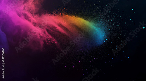 Colorful powder explosion. Abstract close up dust isolated on dark background.