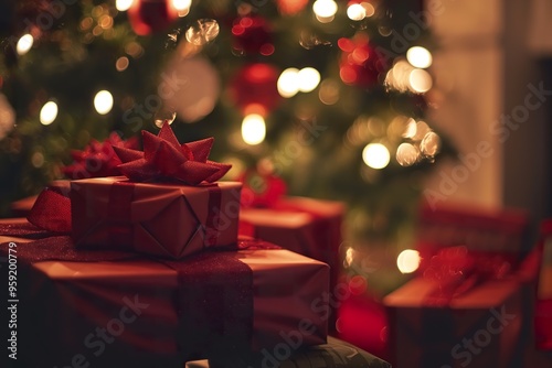 A close-up of wrapped Christmas presents sitting under a decorated tree with twinkling lights.