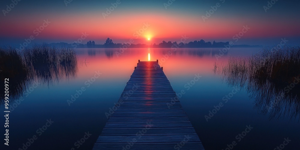 Naklejka premium Wooden Dock Leading Towards a Sunset Over a Tranquil Lake