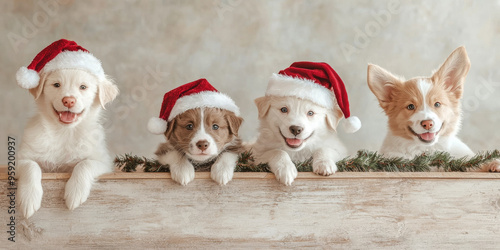 Four adorable puppies in Santa hats look playfully at the camera, ready for the holidays. photo