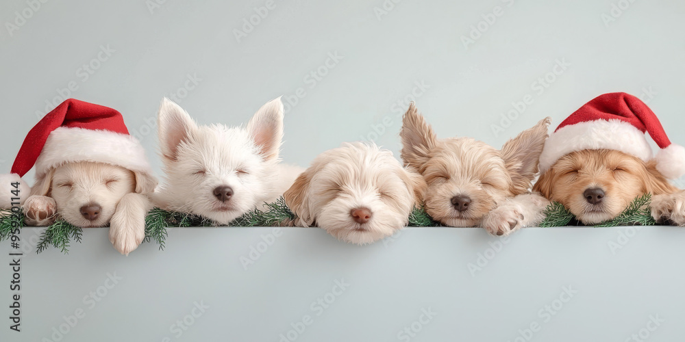 Four adorable puppies wearing Santa hats sleep soundly with pine boughs framing them. Four adorable puppies wearing Santa hats sleep soundly with pine boughs framing them.