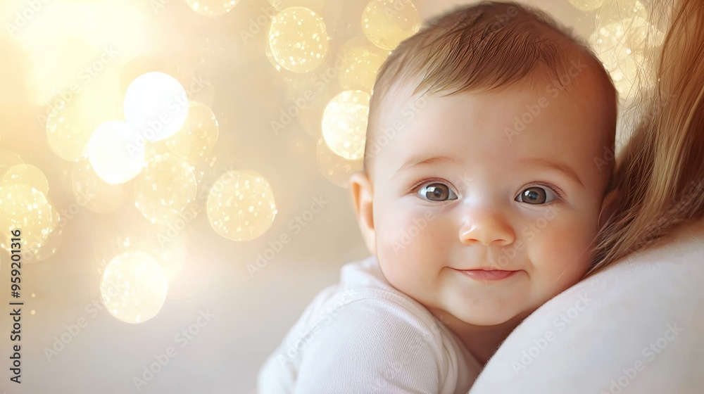 A baby is smiling and looking at the camera A baby is smiling and looking at the camera