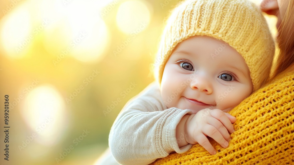 A baby is wearing a yellow hat and smiling A baby is wearing a yellow hat and smiling