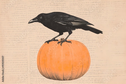 Crow or raven sitting on pumpkin drawing on old book page. Vintage gothic Halloween concept. Autumn illustration for design print, poster, banner. Decorative element for scrapbooking  photo