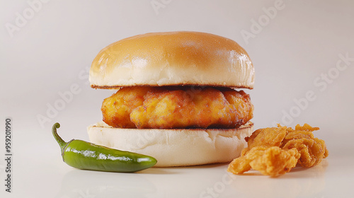 Desi indian burger with aloo tikki and green chilly on brown background  photo