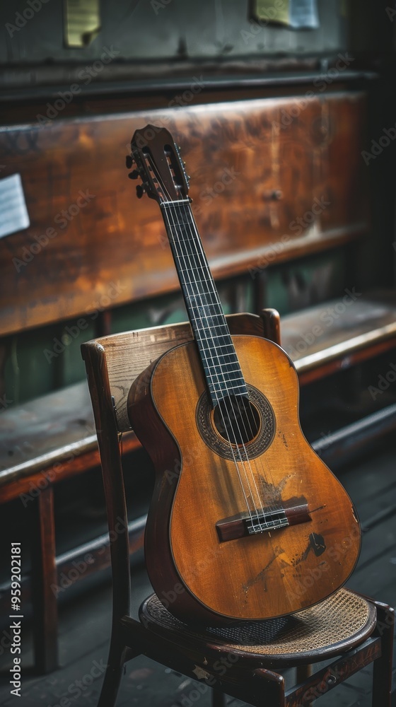 A guitar is sitting on a wooden chair A guitar is sitting on a wooden chair