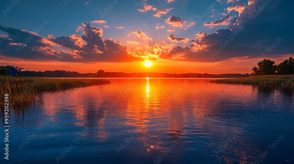 Sunset over a lake with red sky and reflection. Sunset over a lake with red sky and reflection.